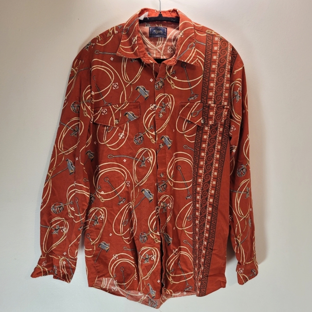 Roper Rust Orange Western Lasso Patterned Button-Up Shirt - Lg
